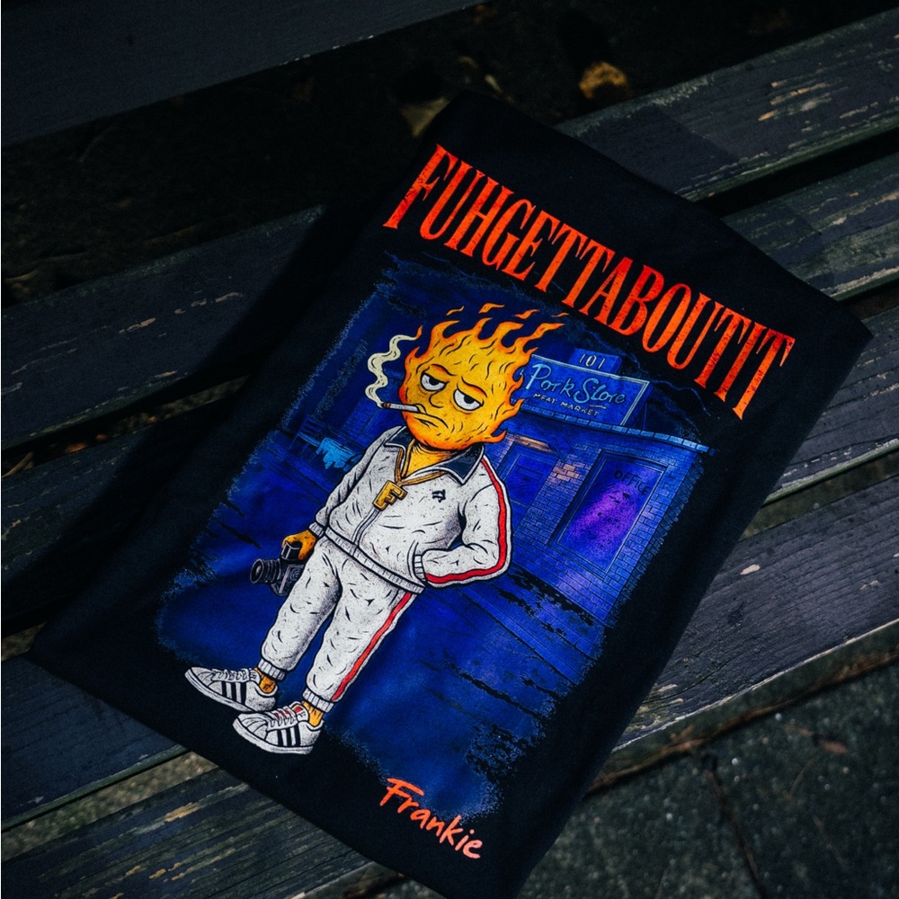 Black Graphic T shirt with Flame Character, sopranos inspired
